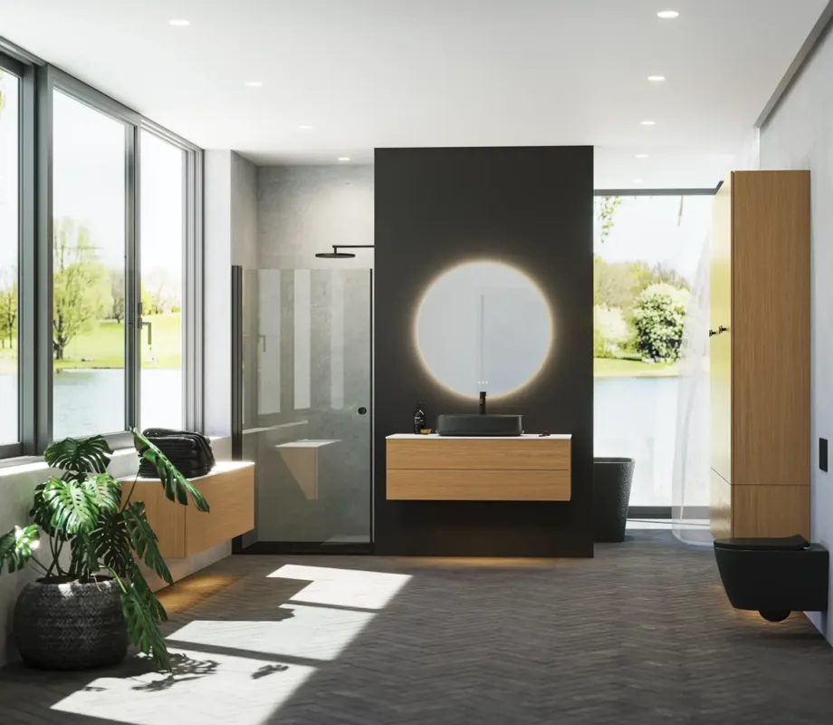 Minimalistisk og stilrent badeværelse inspiration med vaskeskab, underskabe og højskabe i gylden eg, stort rundt spejl med lysstyring, farvet toilet og bordstående håndvask