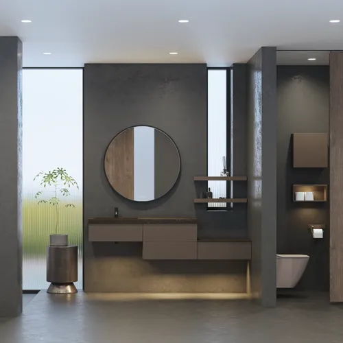 Stilrent og rummeligt badeværelse inspiration med stort rundt spejl med sort ramme, mørk stenvask, farvet toilet, overskab og åben reol i et sofistikeret og dæmpet design
