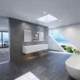 Stort og moderne minimalistisk badeværelse inspiration med dobbeltvask, firkantede spejle med lysstyring, stilfulde pendler, store grå fliser, og et rummeligt design med masser af naturligt lys