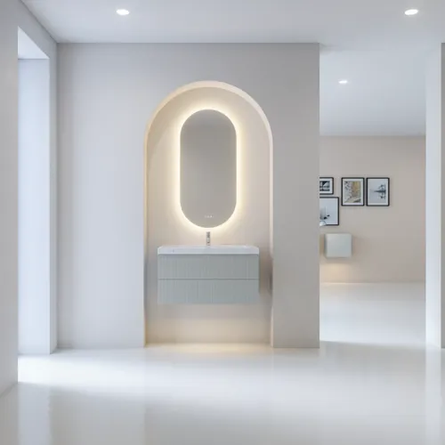 Stilfuld og moderne badeværelse inspiration med ovale spejle med lysstyring, stenvaske og vaskeskabe med fine og elegante riller i et minimalistisk design, badeværelset har en lys og luftig atmosfære med elegant belysning og raffinerede detaljer