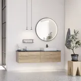 Stort urban badeværelse inspiration med natur eg møbler, stenbordplade med firkantet vask, rundt spejl med sort kant, naturfarver og terracottagulv giver et industrielt og moderne look