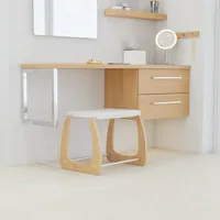 Moderne makeup-bord i nordisk stil med lyst træ, elegant belysning, firkantet spejl og opbevaringshylder, der skaber en stilfuld og funktionel plads.