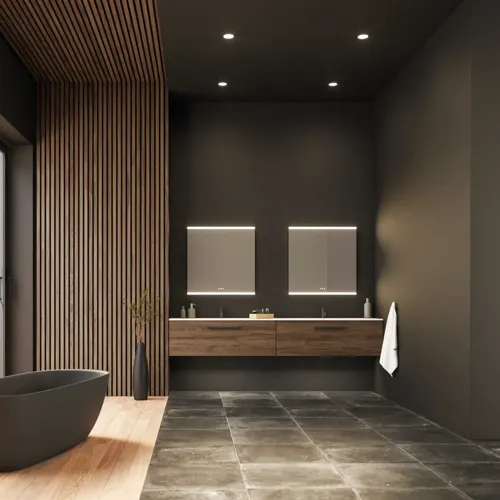 Stort badeværelse inspiration med vaskeskabe og trælameller i brun eg, fritstående badekar, og firkantede spejle med lys, elegant dobbelthåndvask giver et moderne og symmetrisk look